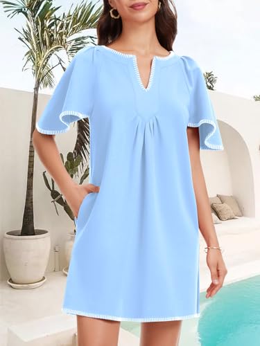 Image of KEOMUD Women's Summer Short Sleeve Mini Dress Casual V Neck Contrast Trim Flowy Shift Dresses with Pockets