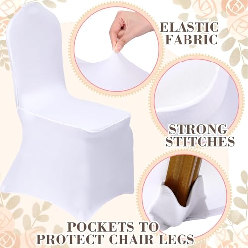 Tomuvpzn 2 Stück Stuhlhussen Weiß, Universell Hochzeit Elegante Stuhl Abnehmbarer Elasthan Stuhlhussen mit 2 Seide Champagnerfarbe Stuhlhusse Schleifen für Hochzeit Bankett Dining Küche Party