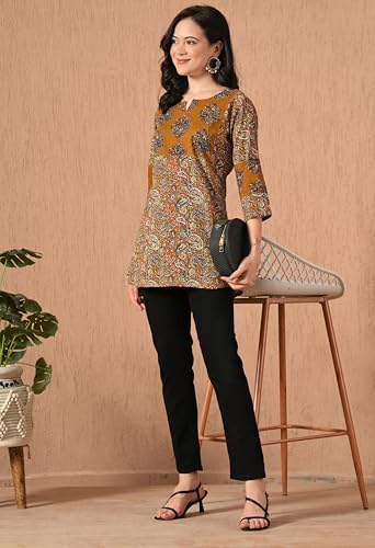 Image of Amazon Brand - Tavasya Women Floral Printed Round Neck Kurta | Everyday Ethnic Wear | 3 /4th Sleeve Top