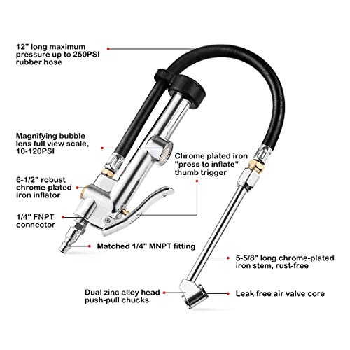 image for CZC AUTO Tire Inflator Air Pressure Gauge with Rubber Hose, 10-120PSI 