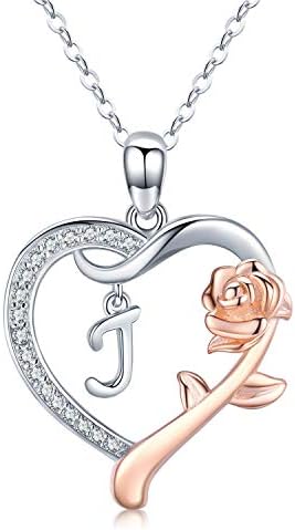 J Initial Necklace 925 Sterling Silver Letter J Necklace fro Women Girls Rose Gold Love Heart Necklace with Rose Flower Pendant Christmas Brithday Jewelry Mother's Day Gifts for Wife Mom Duaghter