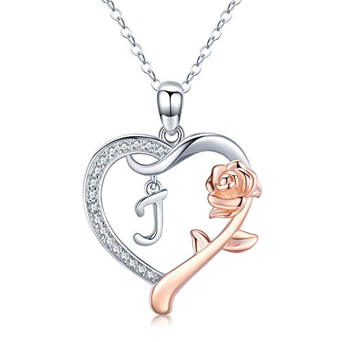 J Initial Necklace 925 Sterling Silver Letter J Necklace Fro Women Girls Rose Gold Love Heart Necklace With Rose Flower Pendant Christmas Brithday Jewelry Mother's Day Gifts For Wife Mom Duaghter #TOP11