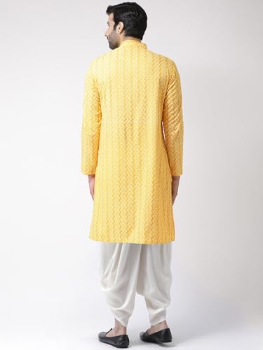 Image of KISAH Men's Kurta Dhoti Set, Yellow Cotton Blend, Printed Mandarin Colla Regular Fitr Long Sleeves