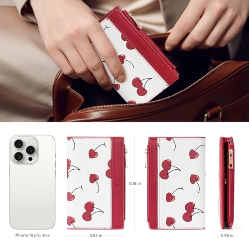 Image of CLUCI Small Wallet for Women PU Leather RFID Wallet Blocking Designer Bifold Ladies Wallet Card Holder Cherry Print