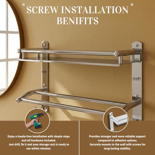 Image of GLOXY Premium Washroom Storage Organizer Rack Shelf with Bathroom Towel Hanger 15 inch -Combo Pack of 3 Stainless Steel Chrome Finish Heavy Bathroom Fittings Accessories Set for Home, Office & Hotel