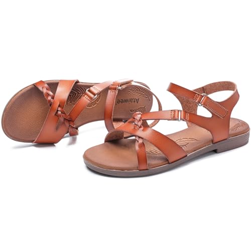 Image of Ataiwee Women's Flat Slide Sandals - Comfortable Open Toe Design,Casual Slip-On with Ankle Strap,Hook-and-Loop Closure Summer Sandals.