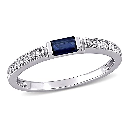 0.70 Carat Blue Sapphire And Natural Diamond Baguette Bridal Engagement Rings For Women 10KT Solid White Gold Anniversary Wedding Prong Setting (Blue Sapphire 0.5 ctw,Clarity I1-I2 , Color HI)