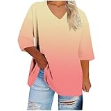 Plus Size Tops for Seniors Womens V Neck T Shirts 3/4 Sleeve Blouses Ombre Color Summer Spring Loose Casual Tees Hot Pink