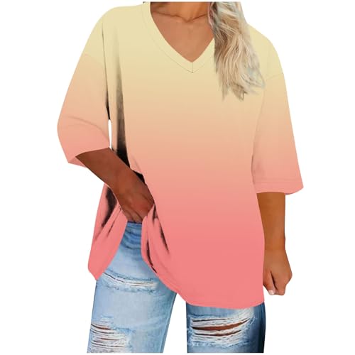 Plus Size Tops for Seniors Womens V Neck T Shirts 3/4 Sleeve Blouses Ombre Color Summer Spring Loose Casual Tees Hot Pink