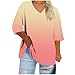Plus Size Tops for Seniors Womens V Neck T Shirts 3/4 Sleeve Blouses Ombre Color Summer Spring Loose Casual Tees Hot Pink