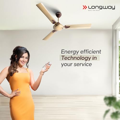Image of LONGWAY Creta P1 1200 mm /48 inch Remote Controlled 3 Blade Anti-Dust Decorative Star Rated Ceiling Fan 2 Years Warranty (Golden, Pack of 1)