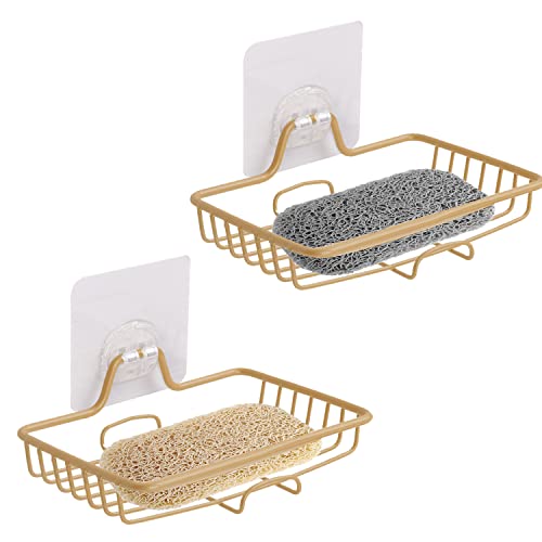 CHENYU 2 Piezas Jabonera de Acero Inoxidable, Jabonera Dorada, Autodrenante, Sin Perforaciones, Jabonera para Mantener El JabóN Seco