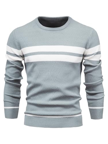 LUVCES Jersey Hombre Invierno Suéter Casual con Bloques de Color Cuello Redondo Manga Larga Jersey de Uso Diario a Rayas Tops Azul Claro L