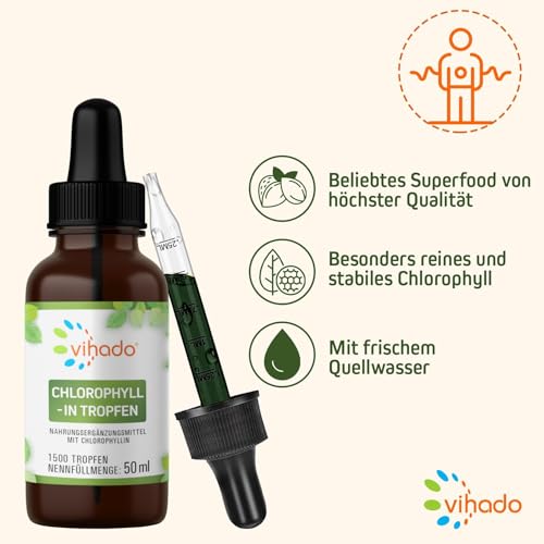 Vihado flüssige Chlorophyll Tropfen aus reinem Alfalfa - mit Quellwasser ohne Zusatzstoffe, 50 ml (1.500 Tropfen) (Packung mit 2)