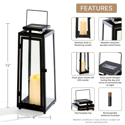 LampLust-Outdoor-Solar-Lantern-with-Flameless-Candle-15-Inch-Tall-Black-Metal-Glass-Battery-Included-Dusk-to-Dawn-Waterproof-Hanging-Decorative-Candle-Lantern-for-Porch-Floor-or-Patio-Decor LampLust Outdoor Solar Lantern with Flameless Candle 15 Inch Tall Black Metal Glass Battery Included Dusk to Dawn Waterproof Hanging Decorative Candle Lantern for Porch Floor or Patio Decor