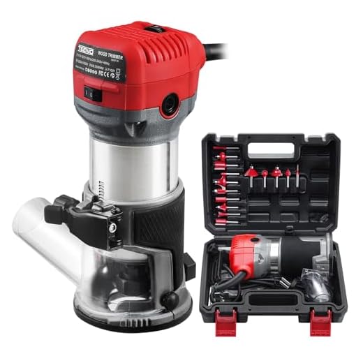 TEENO Oberfräse 800W 13000–33000 U/min mit Plastikbox, Elektrik Hand Holz Oberfräse Kantenfräse Mit 15 Stück 1/4" Fräsen Cuter,6 Geschwindigkeitsstufen, 3 Klemmen mit 1/4 Zoll (6 mm) und 8 mm