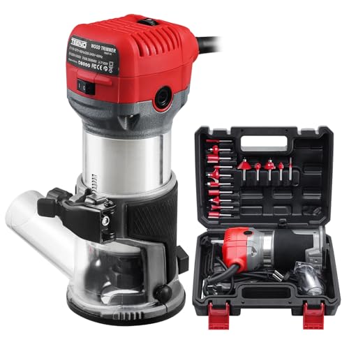 TEENO Fresadora De Madera Rebajadora Eléctrica 800W 13000-33000 RPM CON EXTRACTOR DE POLVO,15 piezas 1/4'' Alicates, 6 Velocidades Variables, Pinza De Base Fija De 6/6.35/8MM, Estuche de Transporte