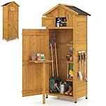 COSTWAY Wooden Garden Shed, Outdoor Tool Storage Cabinet with Foldable Table, 3 Removable Shelves, Weatherproof Asphalt Roof, Upper Compartment & Hooks, Tool Utility Organizer (77x51x178cm, Natural)