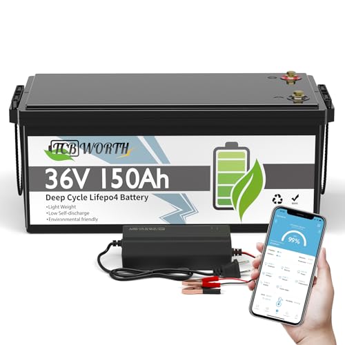 TCBWORTH 36V Lithium Golf Cart Battery 150Ah, Rechargeabel Deep Cycle LiFePO4 Batteries, 200A Smart BMS with Low-Temp Protection, Max. 15000 Cycles, for Golf Cart, Trolling Motors, Boat, Camping