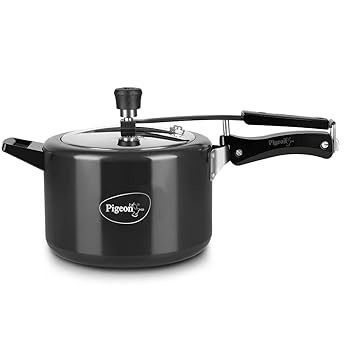 Pigeon by Stovekraft Titanium Induction Base Inner Lid Hard Anodised Aluminium Pressure Cooker, 5 litres, Black, Standard (12422)
