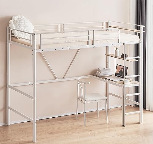 Simpolu ロフトベッド シングル パイプベッド ロフト ベッド コンセント付き デスク付き 収納付き ラック棚付き 収納棚 スチール パイプ 耐震 頑丈 省スペース 通気性 (ホワイト, タイプ E:幅217×奥行104×高さ171.5cm)