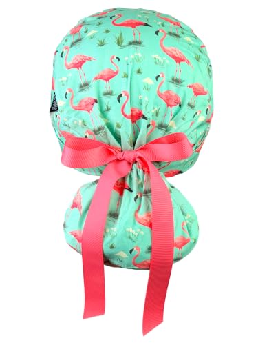 Image of Scrub Cap for Women and Men, Ponytail Scrub Caps, Working Hat, Head Cover with Ribbon Ties and Buttons, Long Hair