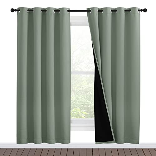 Image of NICETOWN 100% Blackout Window Curtain Panels, Full Light Blocking Drapes with Black Liner for Nursery, 78-inch Drop Thermal Insulated Draperies (Greyish Green, 2 Pieces, 55-inch Wide Per Panel)