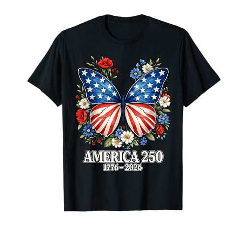 Butterfly America USA Flag Floral 250 Year Freedom 1776-2026 T-Shirt