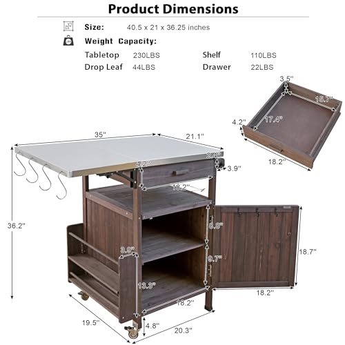 Image of Merax 40.5 inch Outdoor Grill Cart with Stainless Steel Top, Solid Wood Outdoor Storage Cabinet with Drop Leaf, One Drawer, Towel Rack, Rolling Kitchen Cart with Lockable Wheels for Lawn Garden, Brown