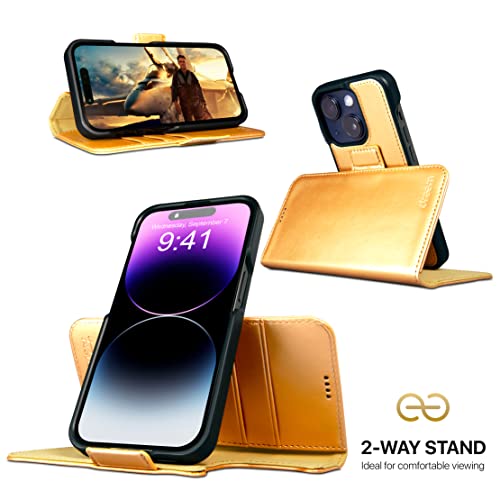 Image of dreem Fibonacci Wallet Case for iPhone 14 & iPhone 16e Case Wallet | 3-in-1 Magnetic Detachable Vegan Leather Cover with Built-in Kick-Stand, RFID Blocking Card Holder, MagSafe Compatible [Gold]