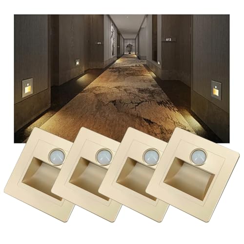 Luces de Escalera con Sensor de Movimiento de 3 W, 3000 K, luz LED empotrada para escalones de Interior, lámpara de Pared para escaleras, decoración de Dormitorio, 1 Pieza Plateada (1 Pieza dorad