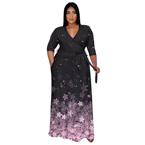 Image of Nmoder Plus Size Maxi Dress for Women - Summer Casual 3 /4 Sleeve Floral Flowy Long Dress with Belt XL- 6XL