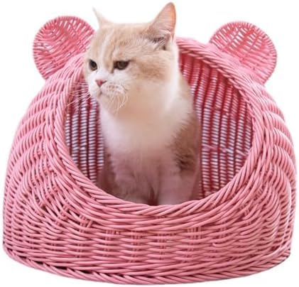 キャットハウス ドームベッドハウス ケージ 猫 キャットハウス おしゃれ 大型 洗える ラタン キャットハウス 半密閉型 四季通用 ラタン 通気性 犬小屋 (ブルー,42*33cm)