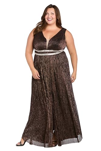 Image of R&M Richards Women's Pleated Maxi Dress W /Illusion V-Neck, Embellished Waistband & Front Slit - Party & Cocktail Gown
