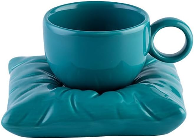 Tea Cups and Saucers, Coffee Mug with Pillow Saucers, Coffee Mug Set with Coaster 7.7oz/220 ml Creative tea cup for Latte Milk and Tea- Dark Blue