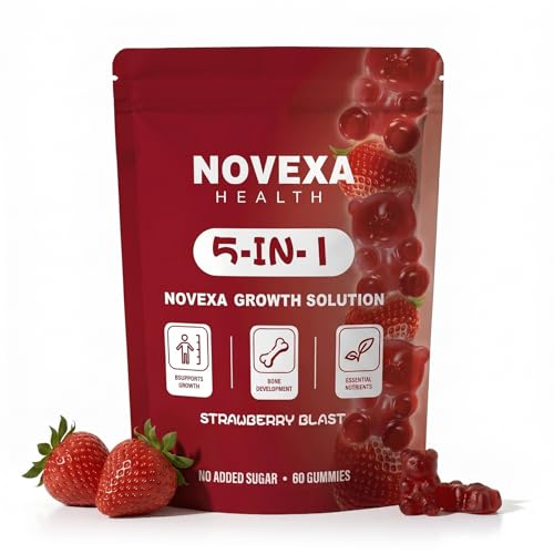 Novexa Health Novexa Growth Gummies 5 in 1 Growth Gummies with Vitamin D3 & K2 Non-GMO Formula Delicious Strawberry Flavor 60-Count (1PCS)
