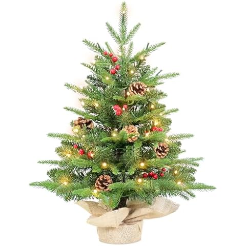Kadunmina 2ft Prelit Table Top Christmas Tree,Mini Artificial Christmas Tree with 50 Lights&177 Tips&5 Berries&5 Pinecones,Small Tabletop Xmas Tree with Burlap Base for Christmas Table Decor,8 Modes Cover