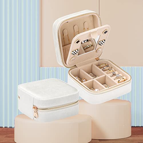 Sightor Velvet Travel Jewelry Box Organizer, Small Jewelry Case With Mirror Portable Display Jewelry Storage Case For Rings Earrings Necklace Bracelet, Perfect For Women (Beige) #TOP2