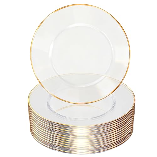 13 Inch Charger Plates 16 Pack Extra Thick Clear Charger Plates with Gold Rim Extra Heavy Duty Disposable Plastic Chargers for Dinner Elegant Dining Wedding Party Formal Event Decoration
