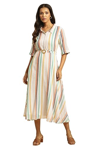 Robe évasée écrue en taille XS vêtement femme avec ceinture rayée