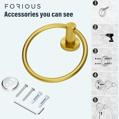Image of FORIOUS Towel Ring, SUS304 Stainless Steel Modern Hand Towel Holder Rack Hanger Round for Bathroom Wall Mounted, Ideal for Bath, Kitchen, RV, Dark Gold