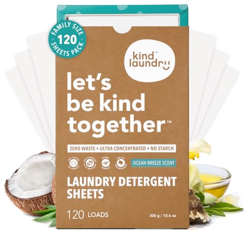 Kind Laundry Detergent Sheets with Stain-Fighting Enzymes - Plant Powered Eco-Friendly Laundry Soap Sheets - Home or Travel Laundry Detergent - Ocean Breeze, 120 Loads (Mom's Choice Award Winner)