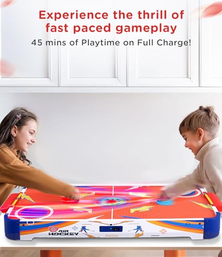 Image of Play Nation Premium Rechargeable Air Hockey for Kids Big Size,With Real Air Flow,2 Pushers Strikers&2 Pucks,Indoor&Outdoor Game for 6+ Years,Board Games for Boy&Girl,Birthday Gift,Orange(84.5x42x11cm)