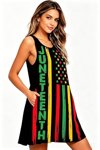 Image of Roshop Womens Juneteenth Flag Sleeveless Dress 4th of July Patriotic Swing Sundress with Pockets