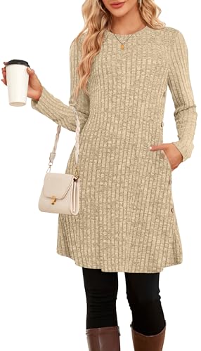 SENBATU Winter-Pullover-Kleider für Damen Midi-Langarm Kausale Knöpfe Seitliches Tunika-Kleid mit Taschen(Aprikose,X-Large) EU XL
