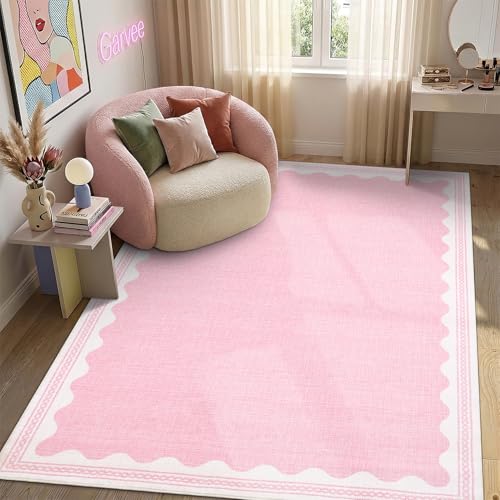 GarveeHome 4x6 Rug Non-Slip Washable Low-Pile Carpet - Scalloped Solid Pink Modern Minimalism Rugs for Bedroom Living Room Nursery Kitchen Entryway Indoor Mat with Rubber Back