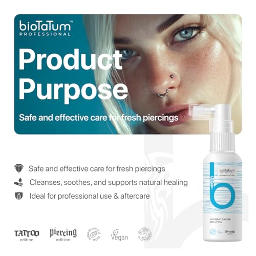 bioTaTum Hygienische Piercing Spray Saline Solution - Clean Skin Piercing Spray/Piercing Pflegespray - Piercing Aftercare - After Piercing Solution für Ohren, Nasen, Körper, Bauchnabel-Piercings