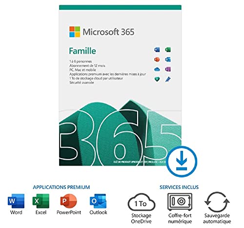 Microsoft 365 Famille | Office 365 apps | jusqu'à 6 utilisateurs | 1 an | PC/MAC, tablette et smartphone | Téléchargement