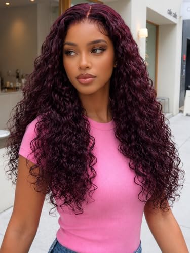 Image of KLAIYI Bye Bye Slip Black Cherry Water Wave Pre Everything Glueless 13x4 Lace Frontal Wigs Human Hair Burgundy Drawstring Curly Pre Plucked Bleached Knots 3S Ready to Wear and Go Beginner Wig 26Inch