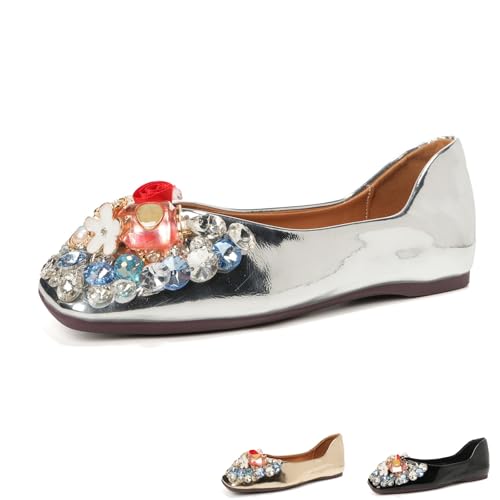 Women's Leather Fashion Rhinestone Ballet Flats Sweet Comfortable Glitter Crystal Square Toe Slip On Soft Sole Dress Shoes for Work Party Daily